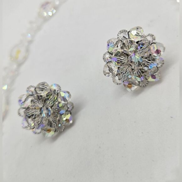 Vintage AB Crystal Necklace and Earrings set. Clip-on Earrings Hook clasp - Picture 5 of 10